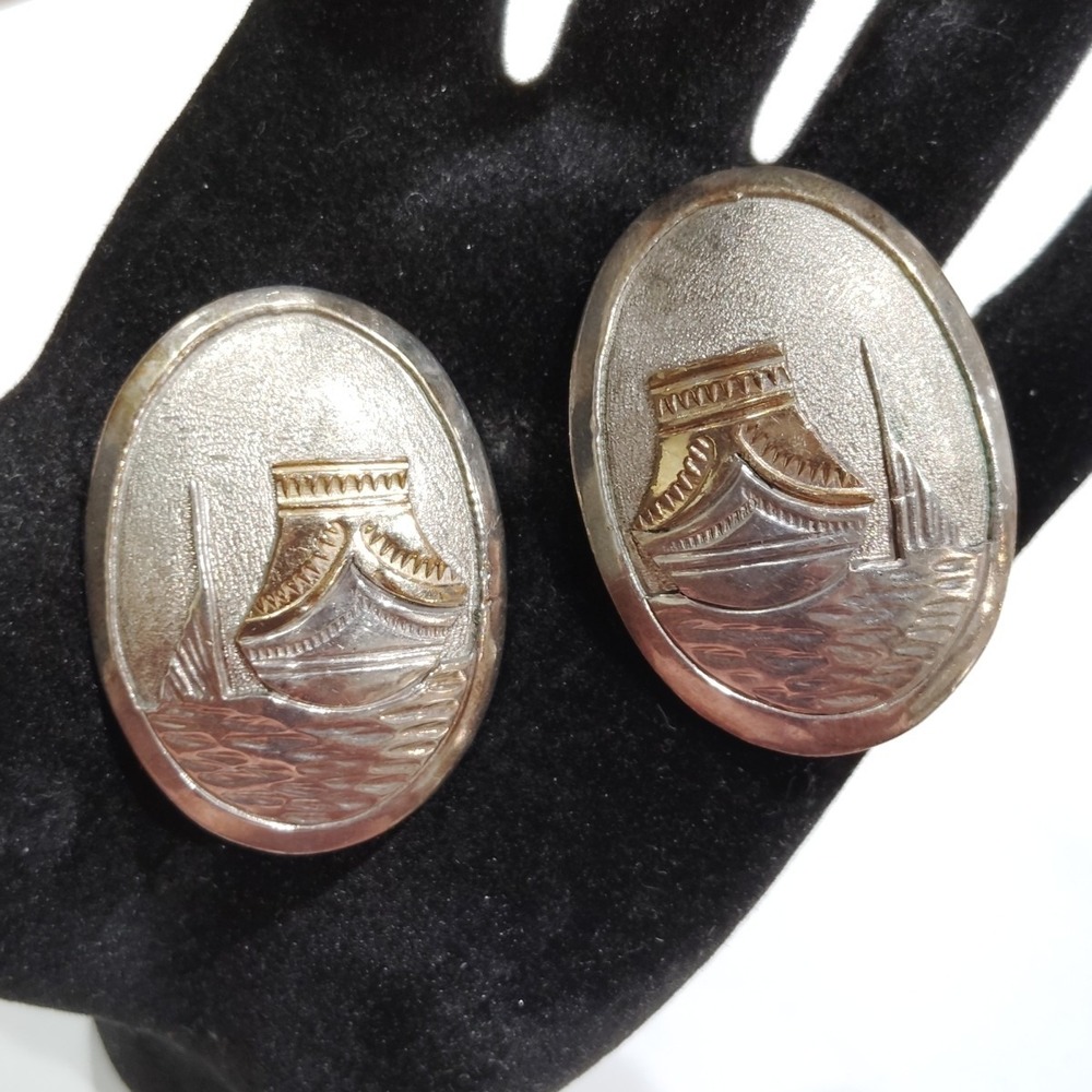 Navajo Clip On Earrings 925 Sterling Silver & Gold Pottery Storyteller